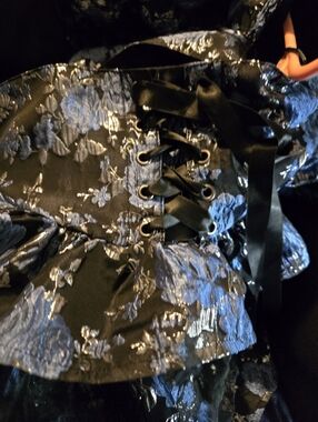 S. the Widow Black and Blue Brocade Corset Top with Ribbon Lacing